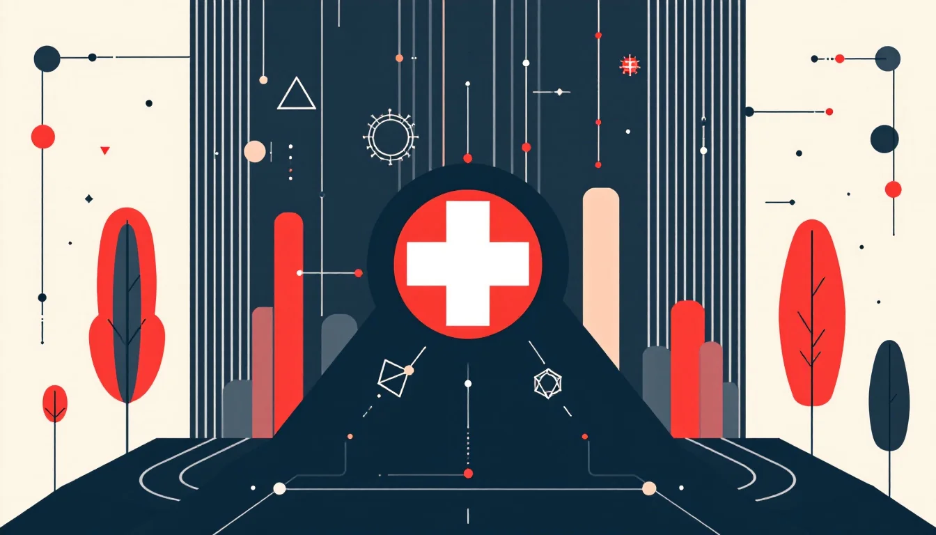 Geometric public health advisory illustration with first-aid cross and statistical bars