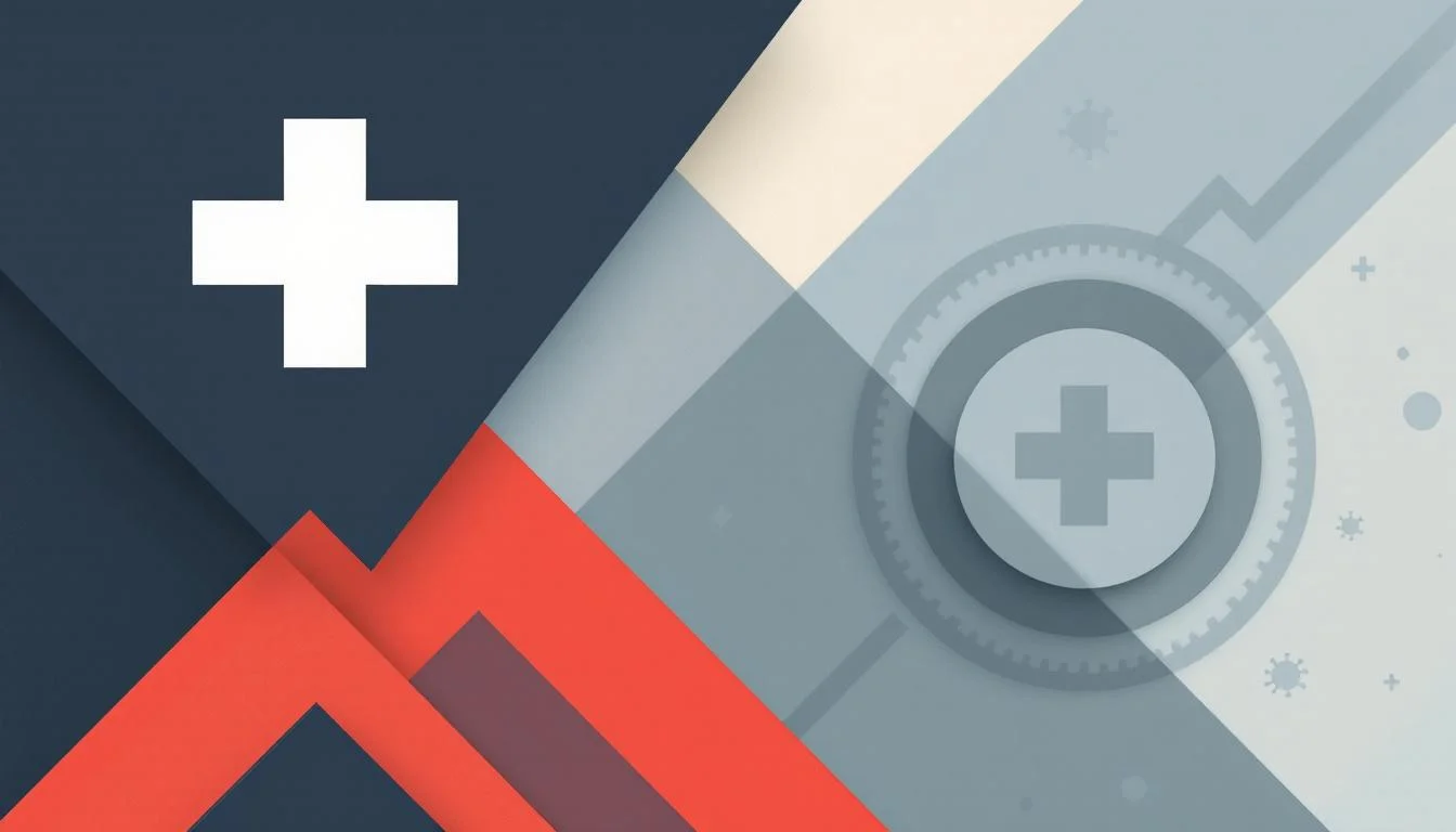 Minimalist public health advisory poster with first-aid cross, warning chevron band, and geometric protective shield rings