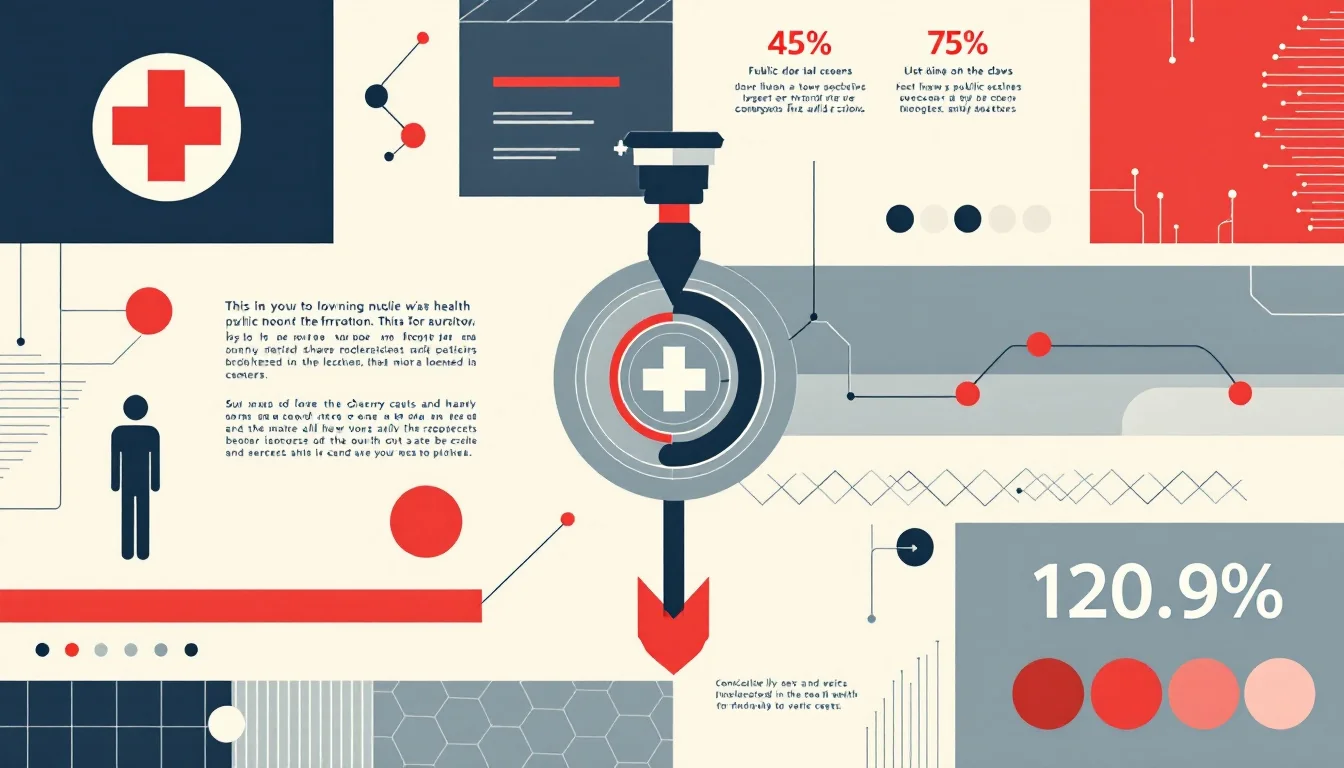 Minimalist public health advisory illustration with a geometric medicine cabinet shape, a drop-box slot, a first-aid cross and a warning chevron band in charcoal, oxide red and cream