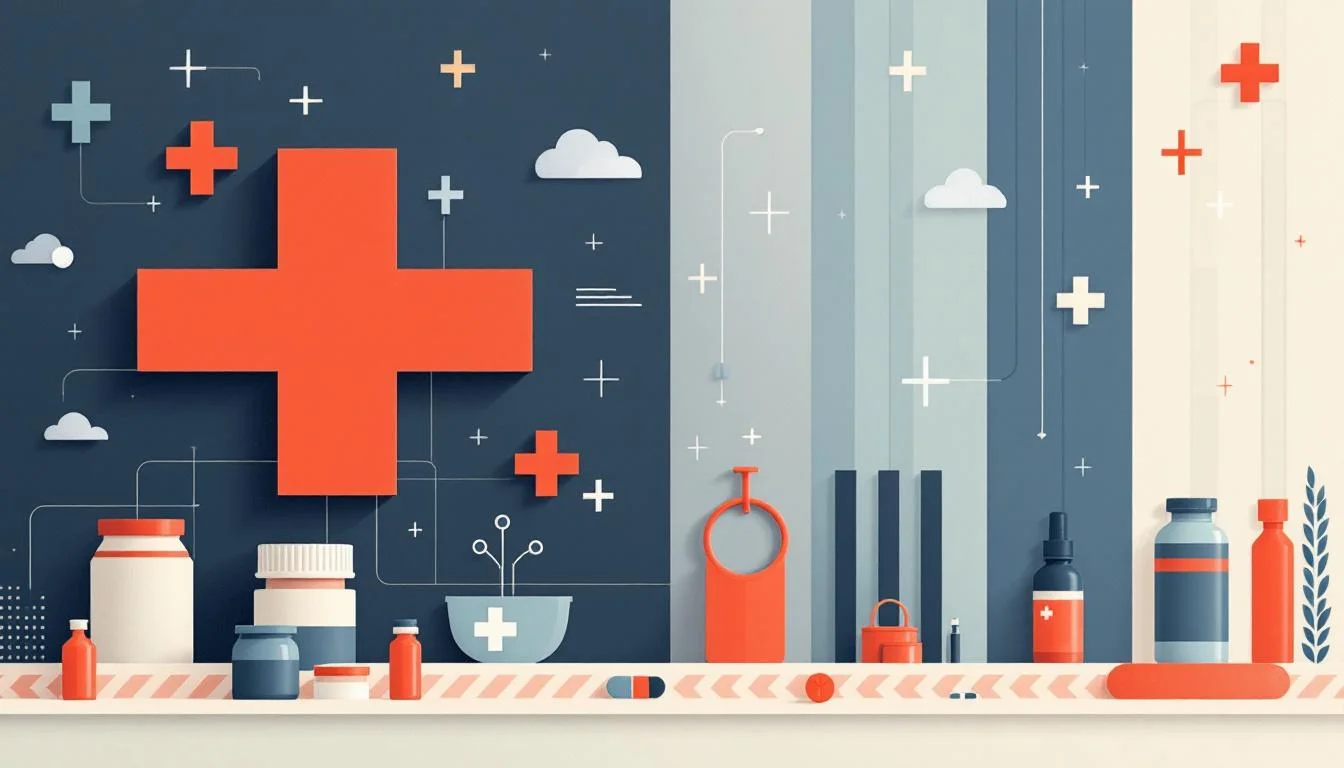 Geometric public health advisory poster with protective shield and first-aid cross motifs