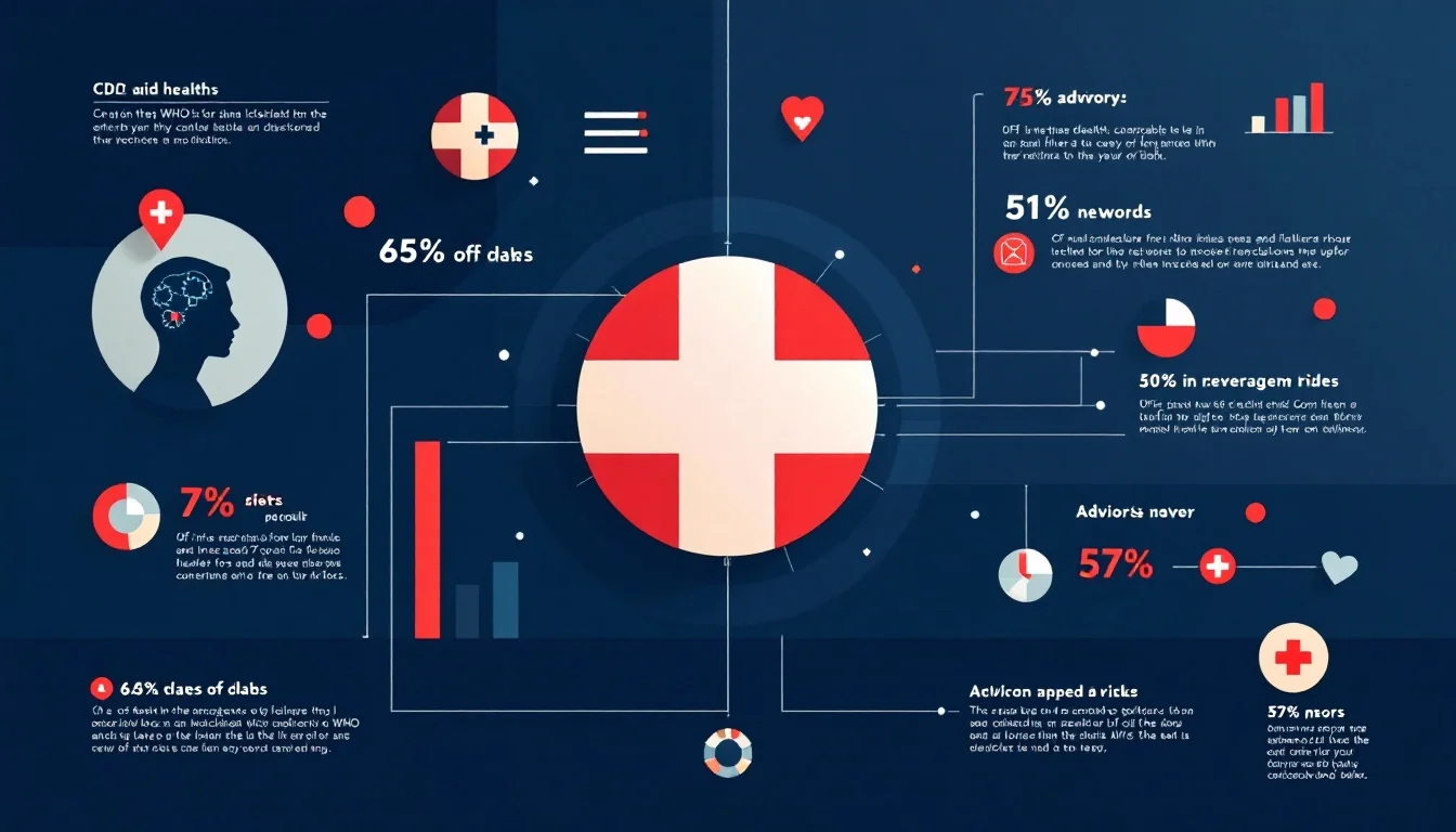 Geometric public health advisory illustration with first-aid cross and warning chevrons