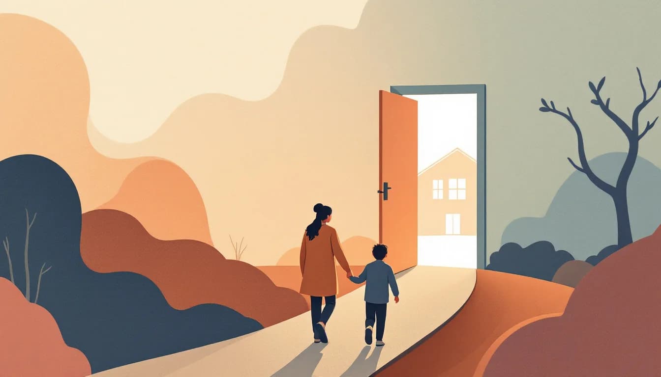 Warm editorial illustration of a parent and teenager silhouettes talking beside an open doorway