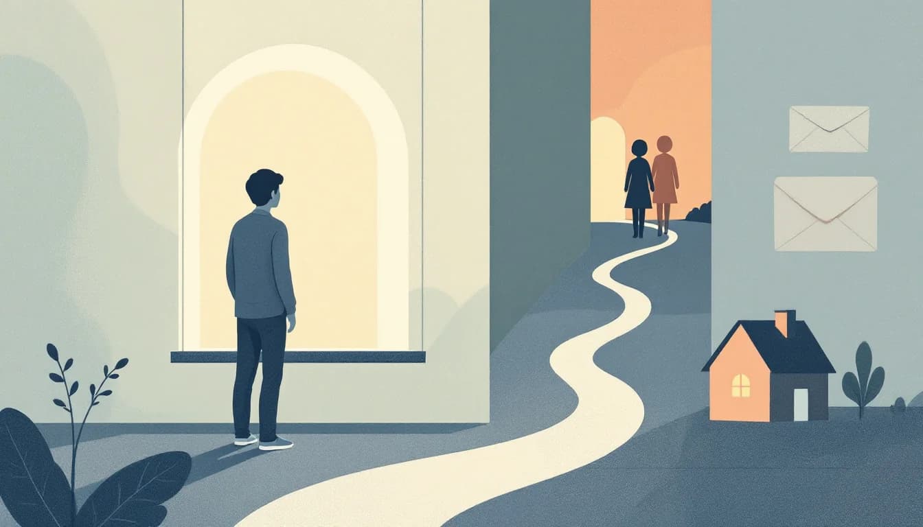 An adult standing alone at a window, an open doorway behind them, and a path leading into warm light