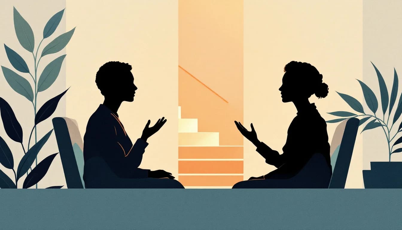 Warm editorial illustration of a calm clinic conversation between a patient and a prescriber