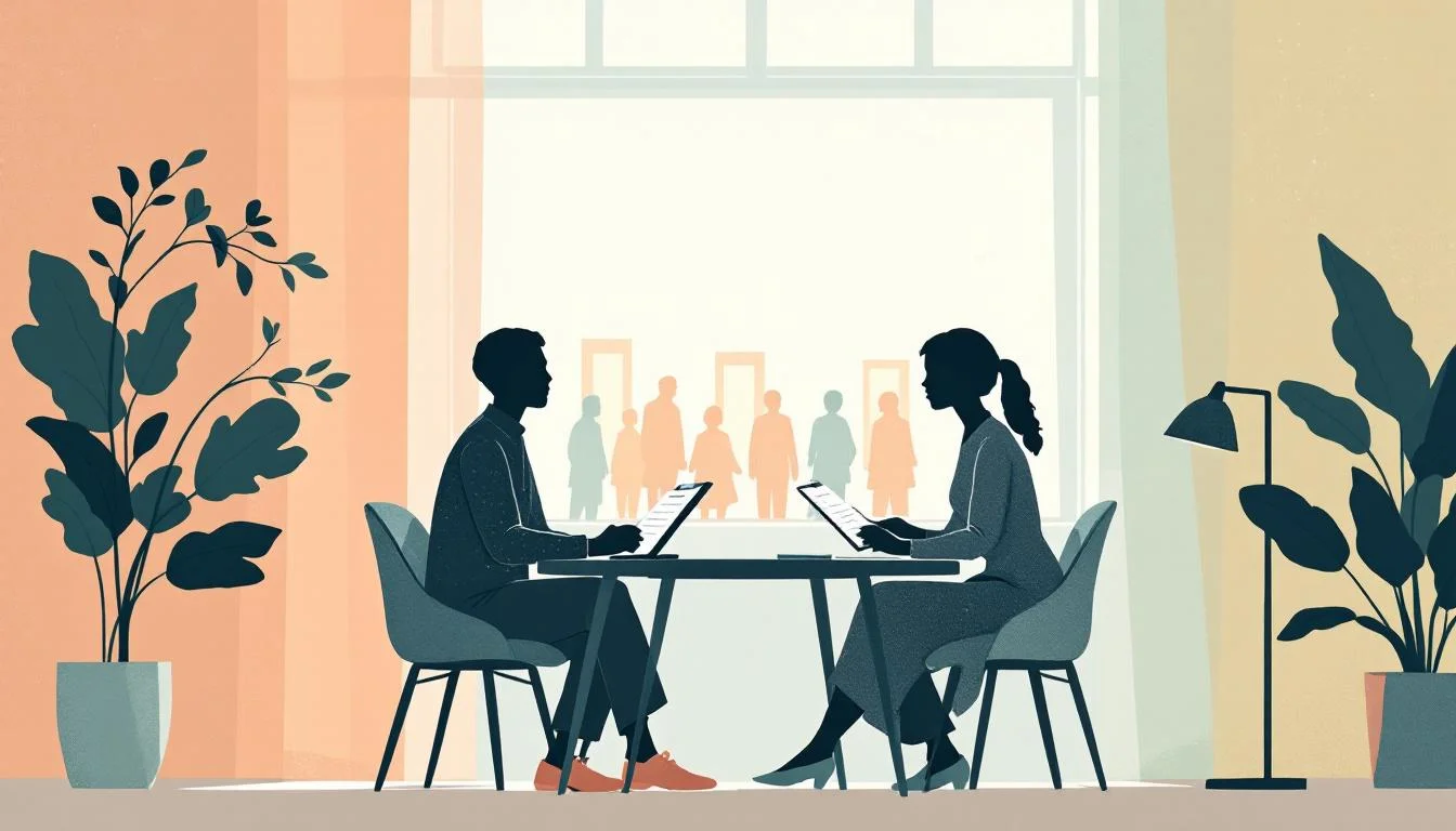 Family discussing treatment options at a desk with documents and warm lighting