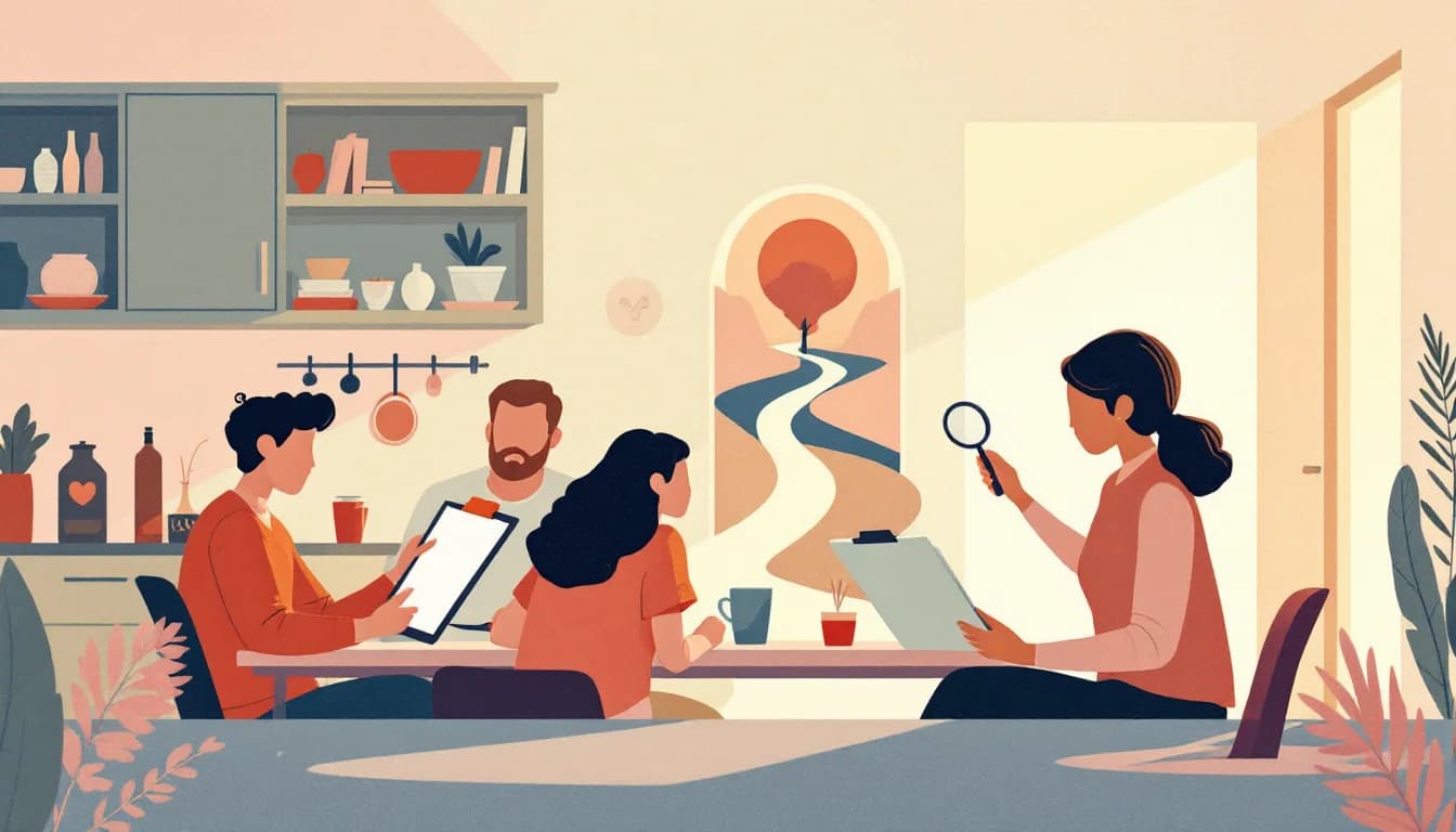 An open research binder on a kitchen table, a family seated across from a study coordinator, and an abstract path leading forward