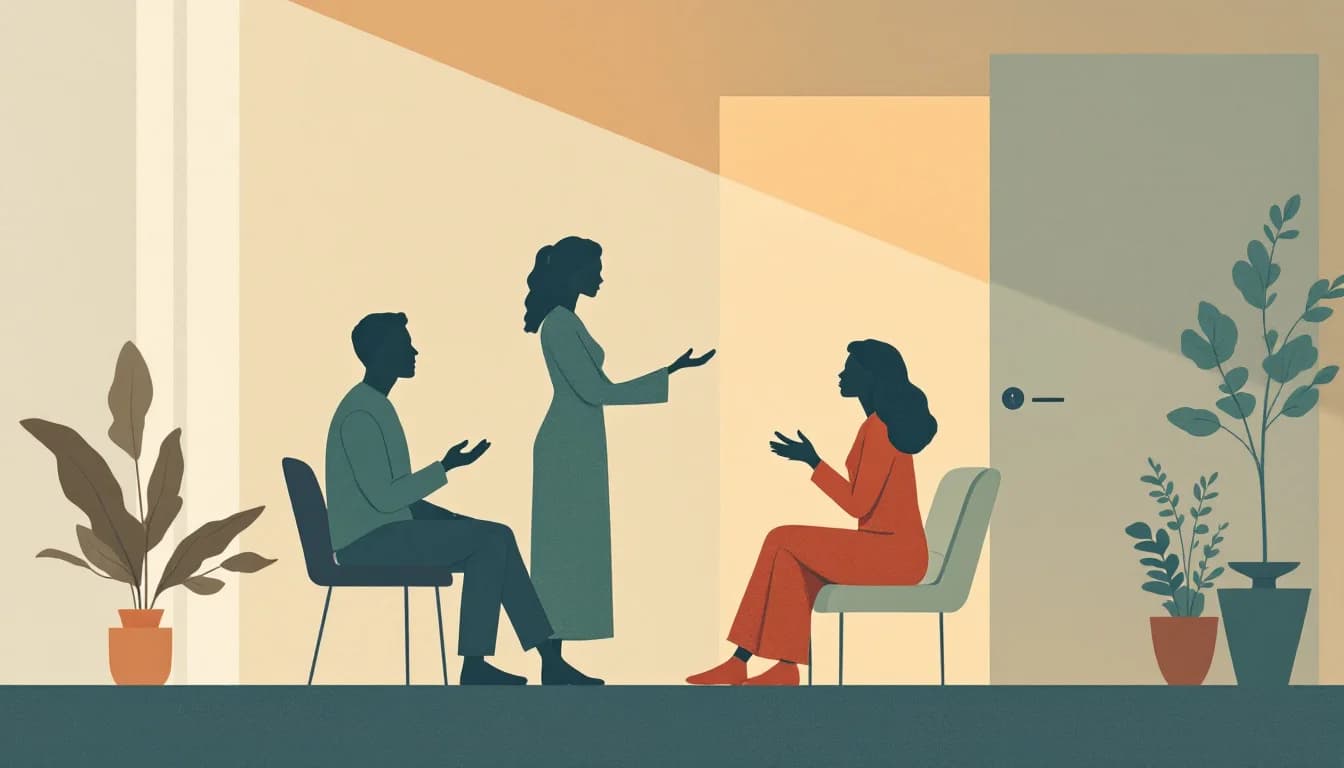 Supportive therapy session illustration with warm tones