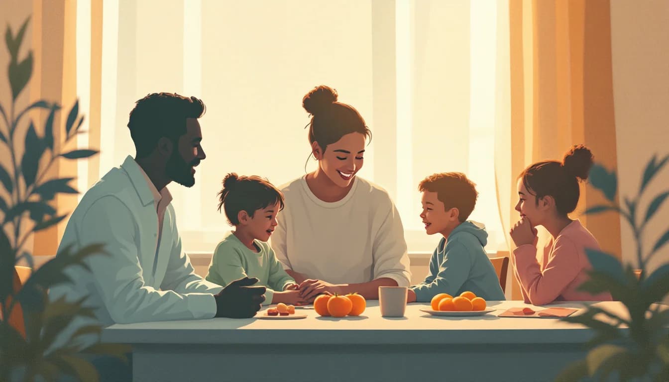 Family gathered in supportive conversation around a table
