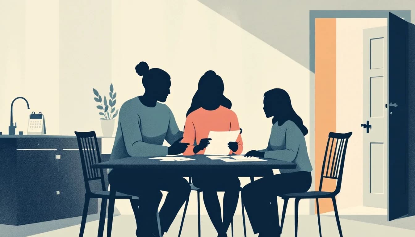 Family reviewing documents at kitchen table with supportive guidance materials