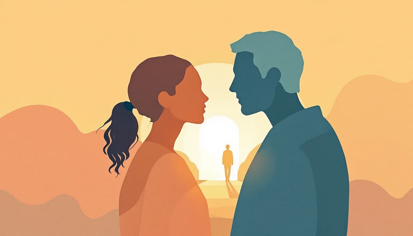 Two figures in supportive silhouette with pathway leading forward, warm amber and sage tones
