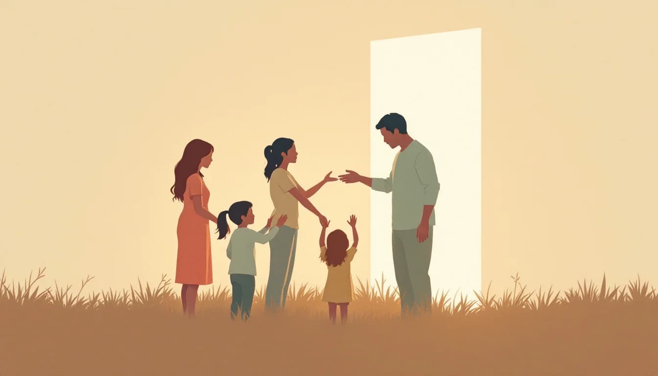 Family silhouettes gathered in supportive circle, warm hopeful atmosphere