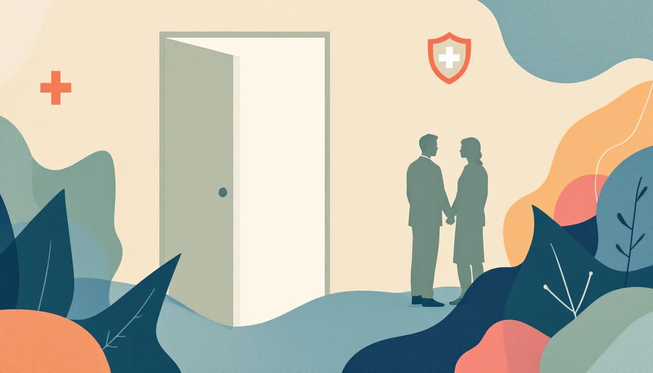 Warm editorial illustration of two silhouetted figures near an open doorway beside an abstract protective shield and connected public-health nodes