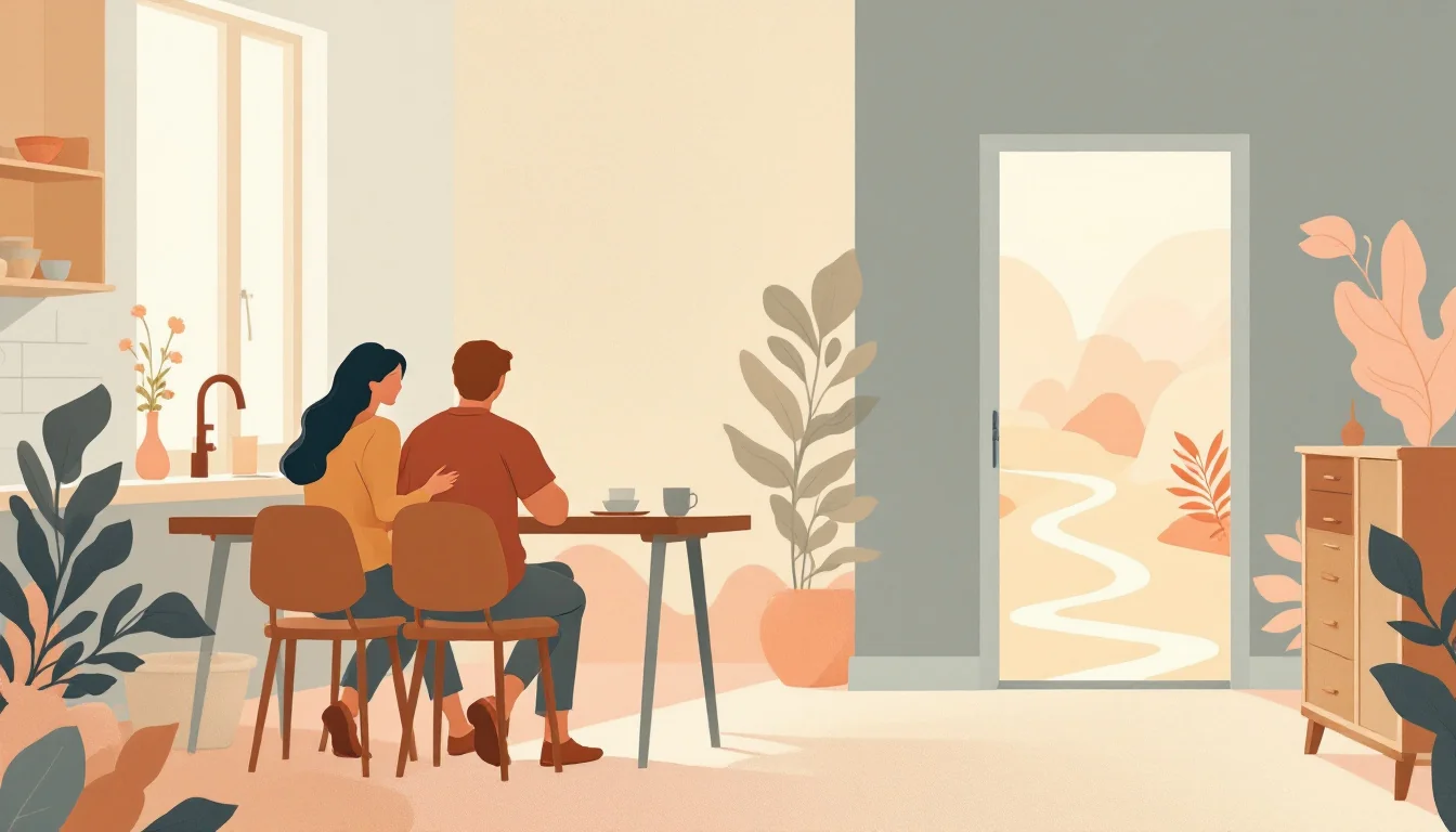 Warm editorial illustration of two figures seated beside a kitchen table, an open doorway with soft light, and abstract botanical leaf shapes