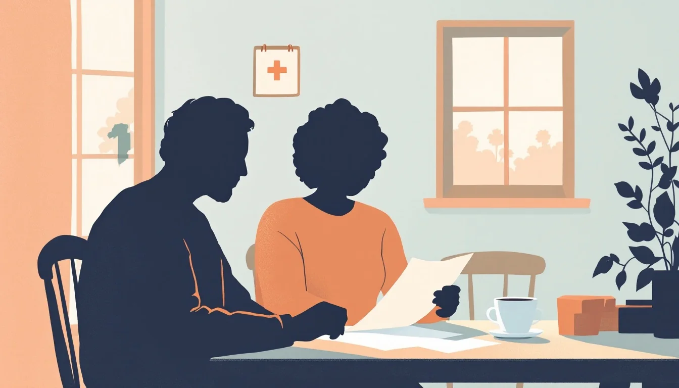 Older adult reviewing healthcare documents with family member at kitchen table