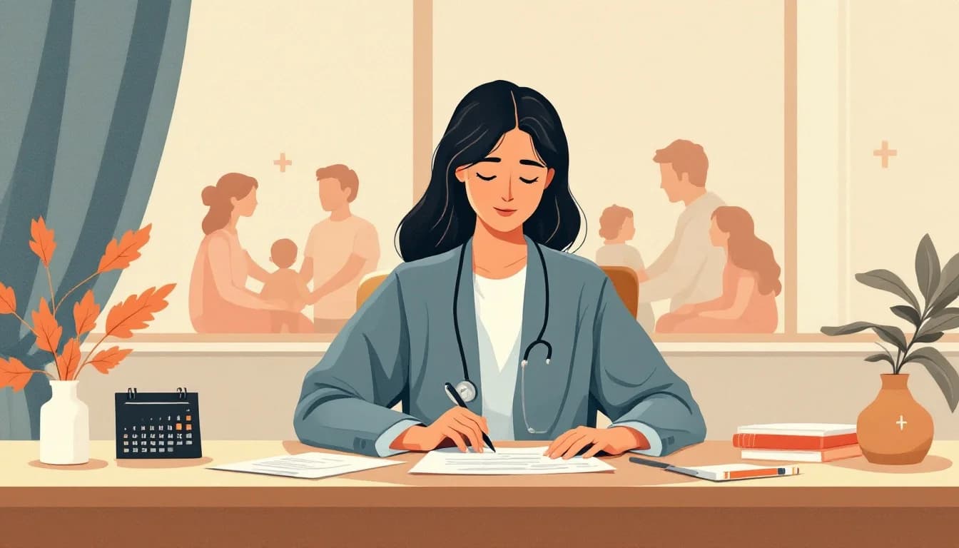 Professional reviewing documents at desk with calendar and healthcare symbols
