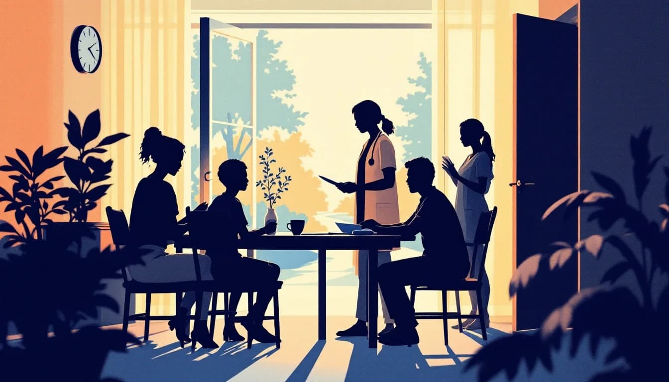 Family and healthcare provider reviewing documents together in warm supportive setting