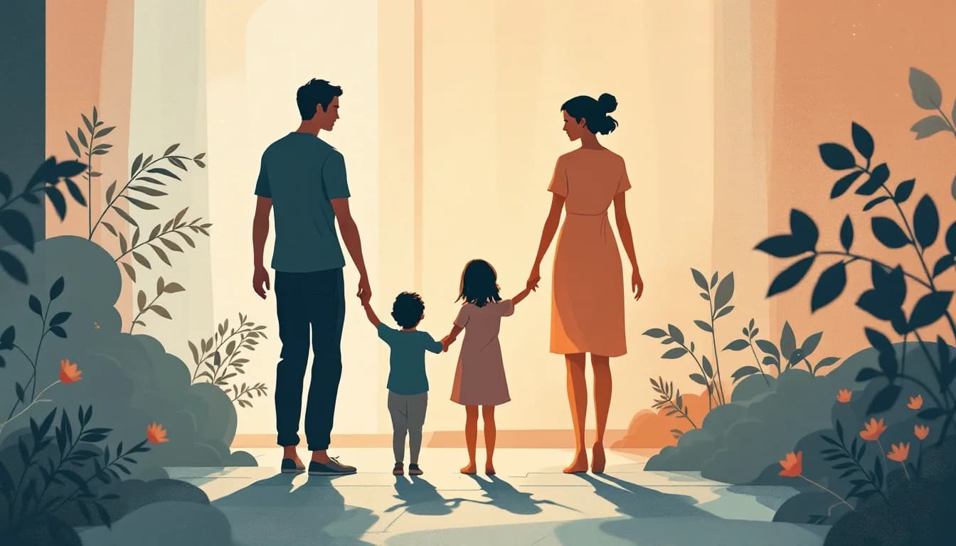 Family silhouettes in warm supportive embrace with gentle pathway imagery
