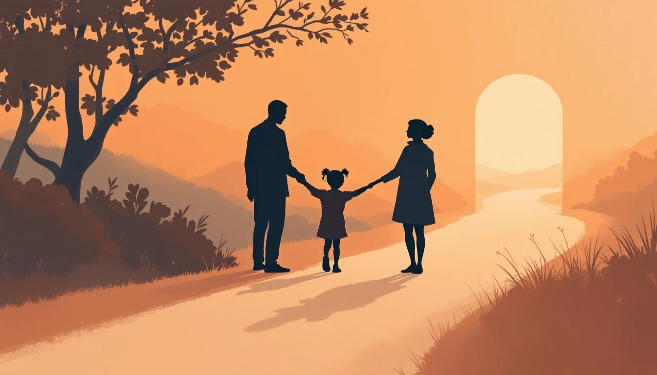 Family silhouettes in supportive conversation, pathway leading to open doors symbolizing treatment readiness