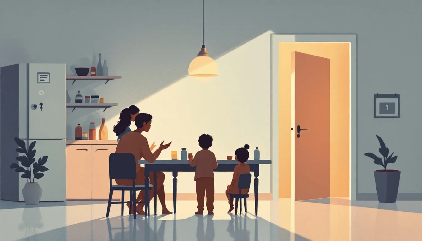 Warm editorial illustration of a family at a kitchen table beside a locked cabinet, a key, and abstract pill containers