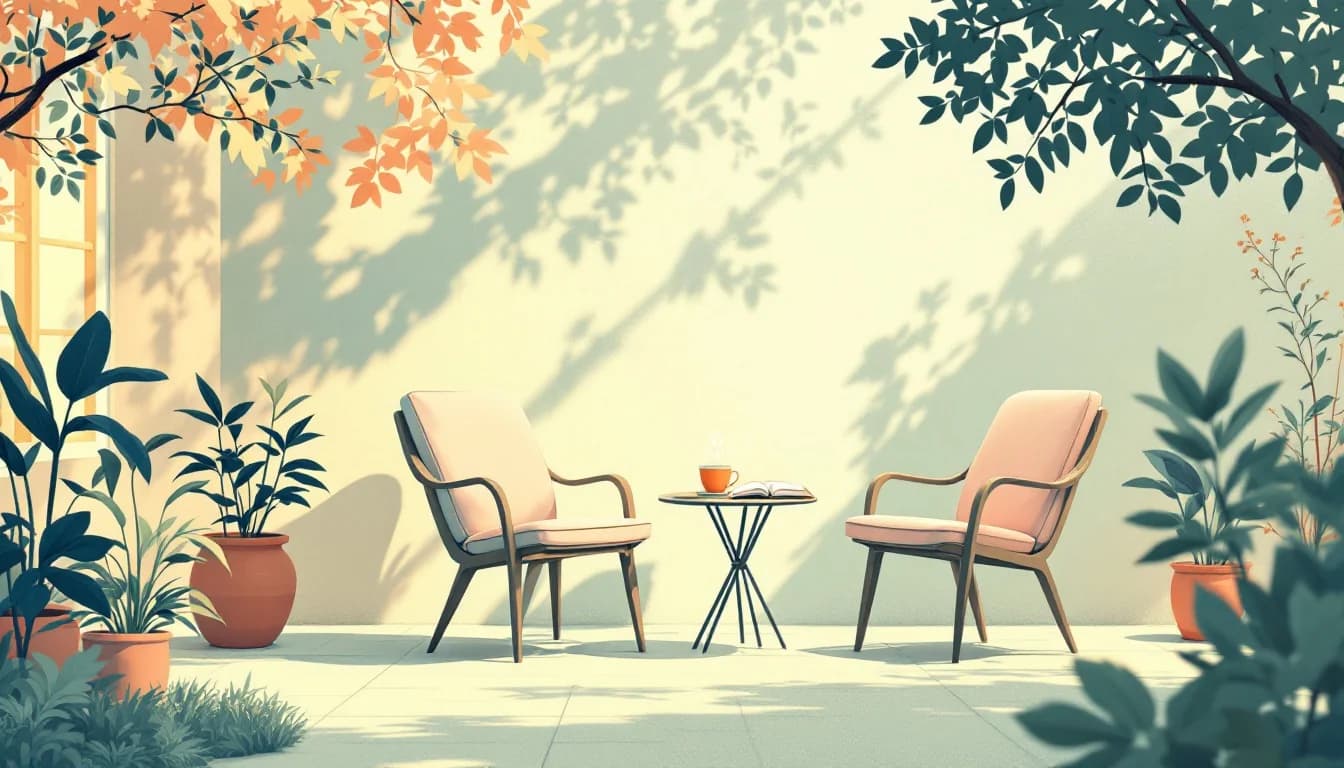 Peaceful garden scene with two chairs, morning light, and journal representing caregiver rest and reflection