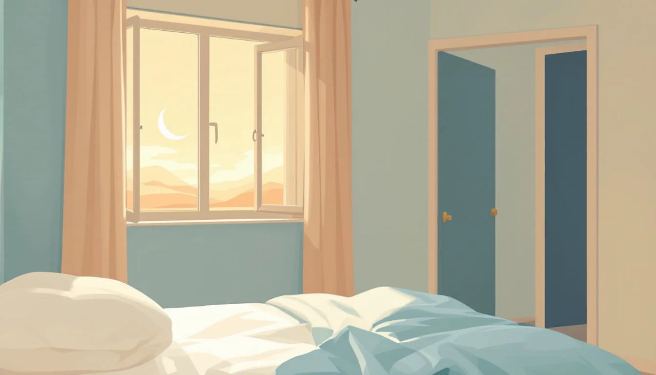 Warm editorial illustration of a quiet bedroom at dawn with an open window and soft morning light