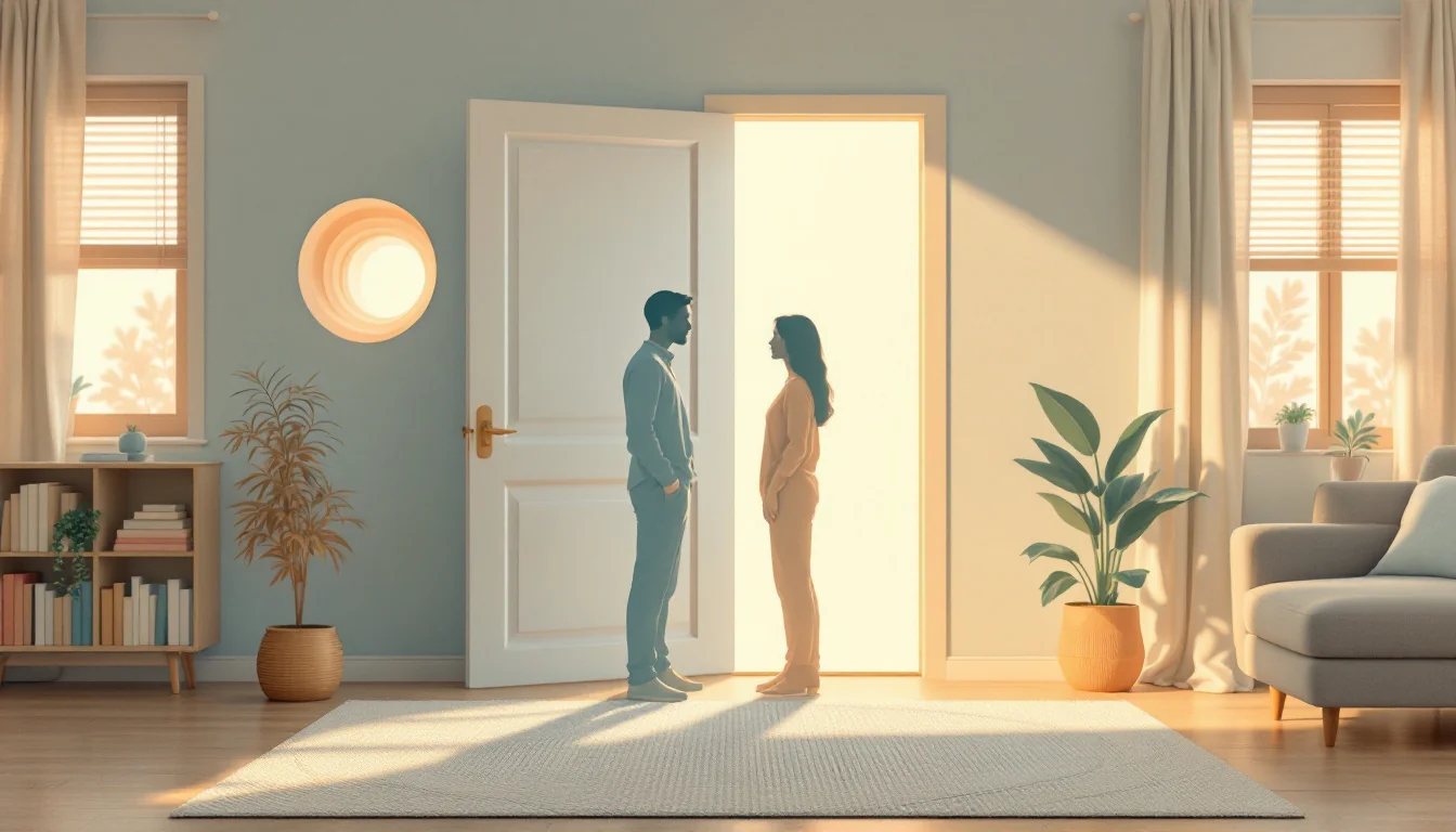 Two figures facing each other across a doorway of soft morning light