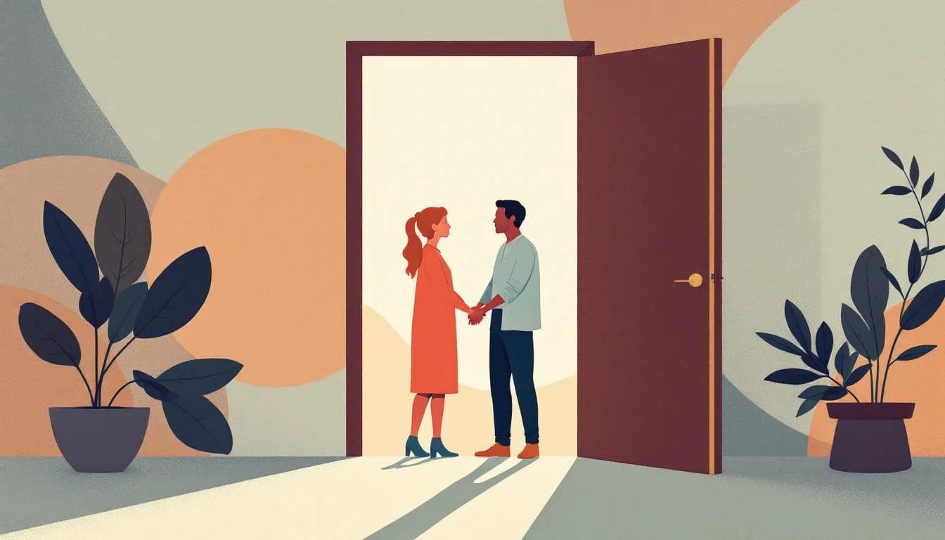 Two figures in supportive conversation, doorway symbolizing new beginnings