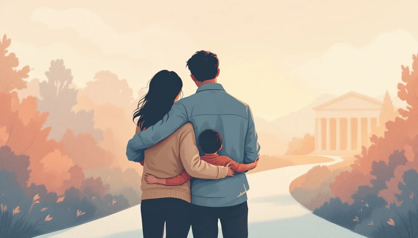 Family members offering support during a challenging transition, warm editorial illustration