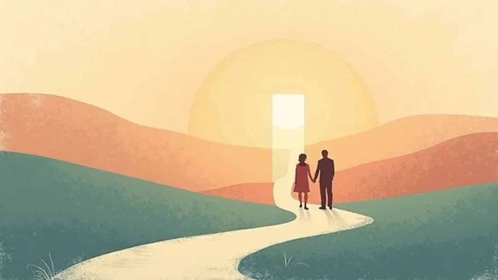 Family silhouettes walking together on a path toward sunrise, symbolizing long-term recovery journey