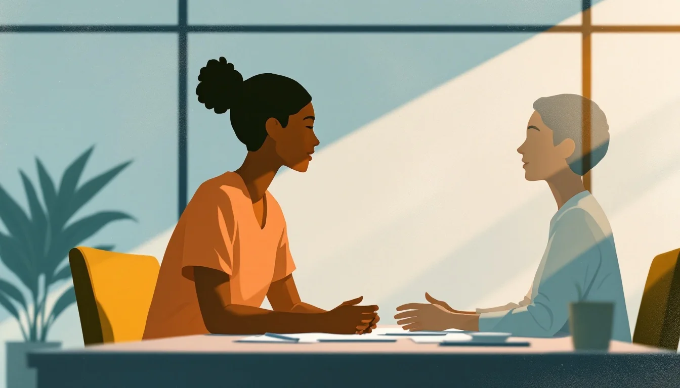Two professional figures in conversation at a workplace setting, supportive silhouettes