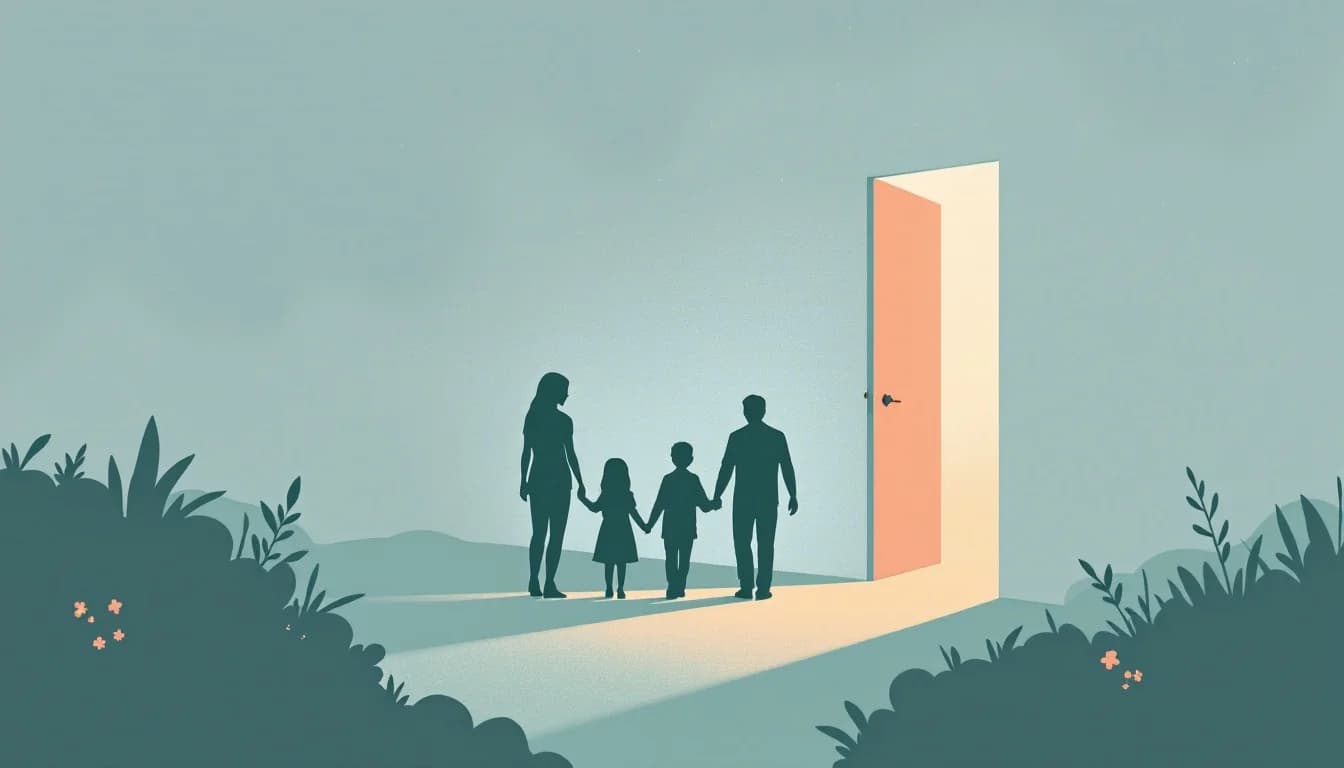 Family silhouettes in supportive circle with warm amber and sage tones