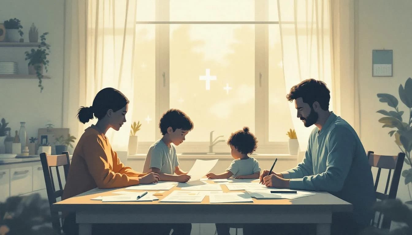 Family reviewing insurance documents at kitchen table