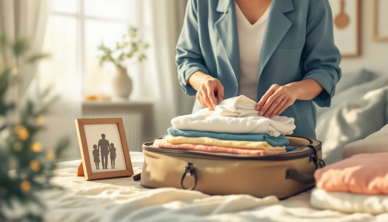 Person organizing essentials into a bag, warm editorial illustration