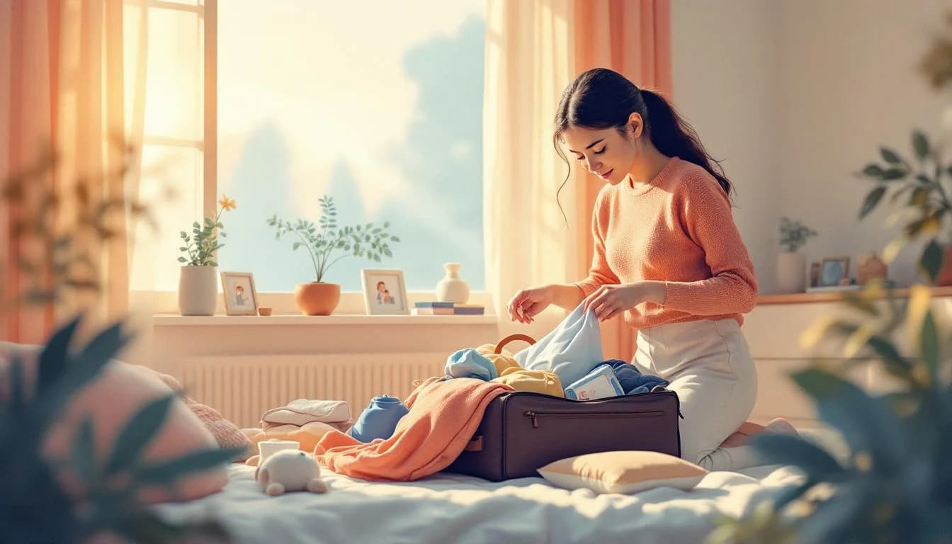 Person organizing essential items into a bag, preparing for treatment journey