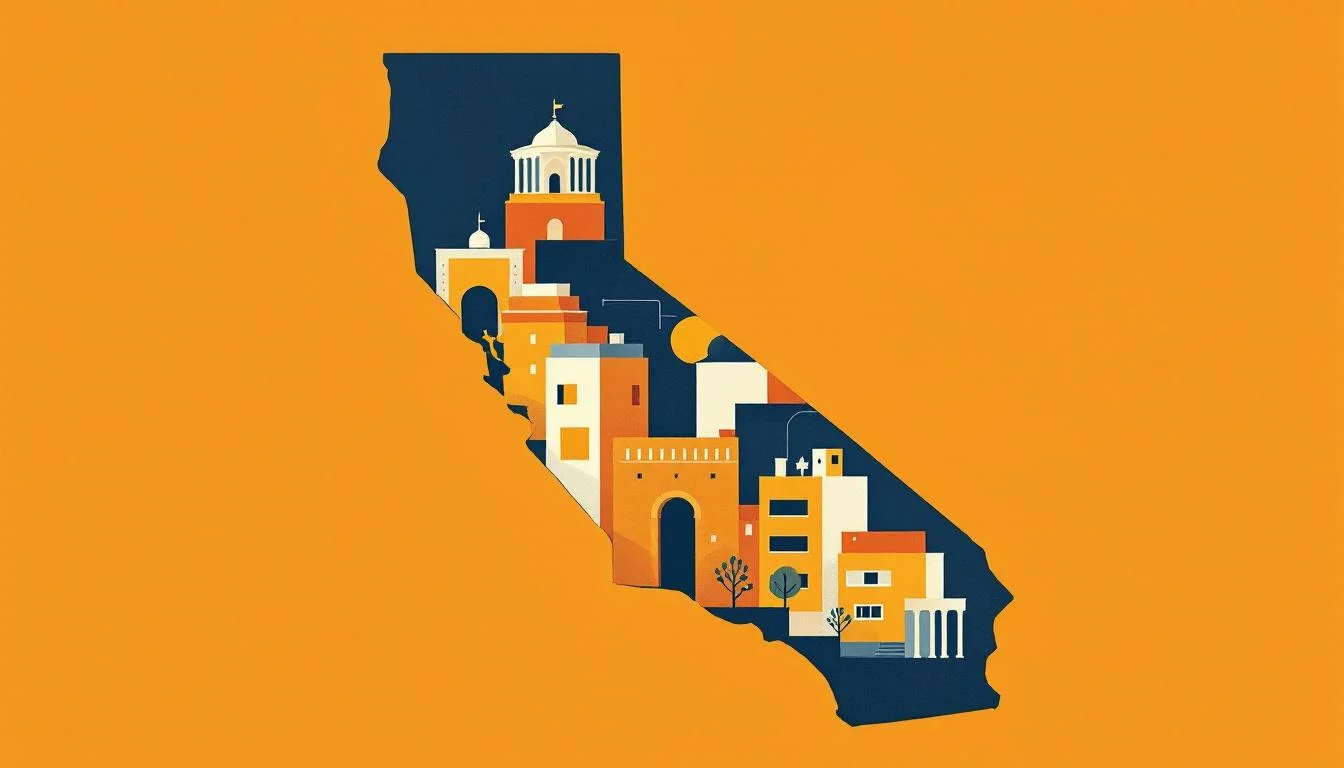 California state outline with overlapping treatment facility silhouettes in editorial illustration style