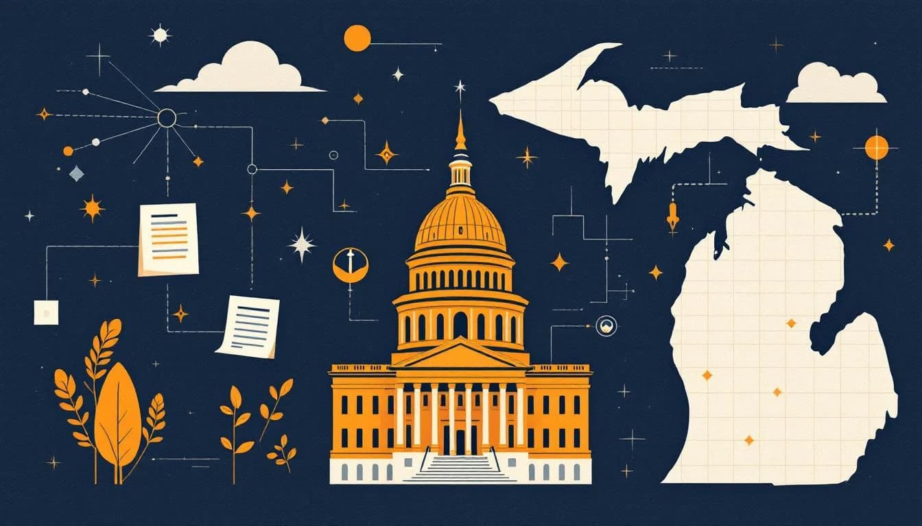 Michigan state capitol building with legislative documents and transparency symbols