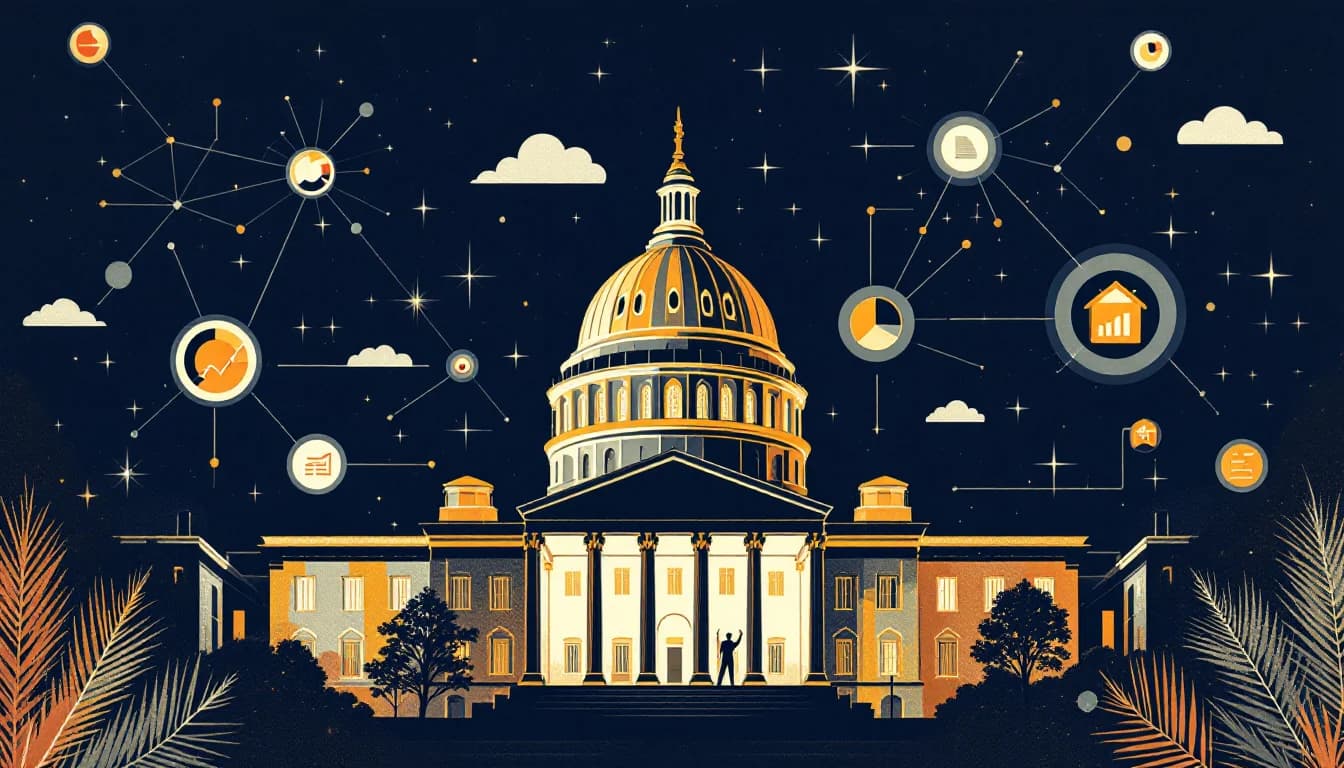 Maryland state capitol with transparency and data visualization imagery