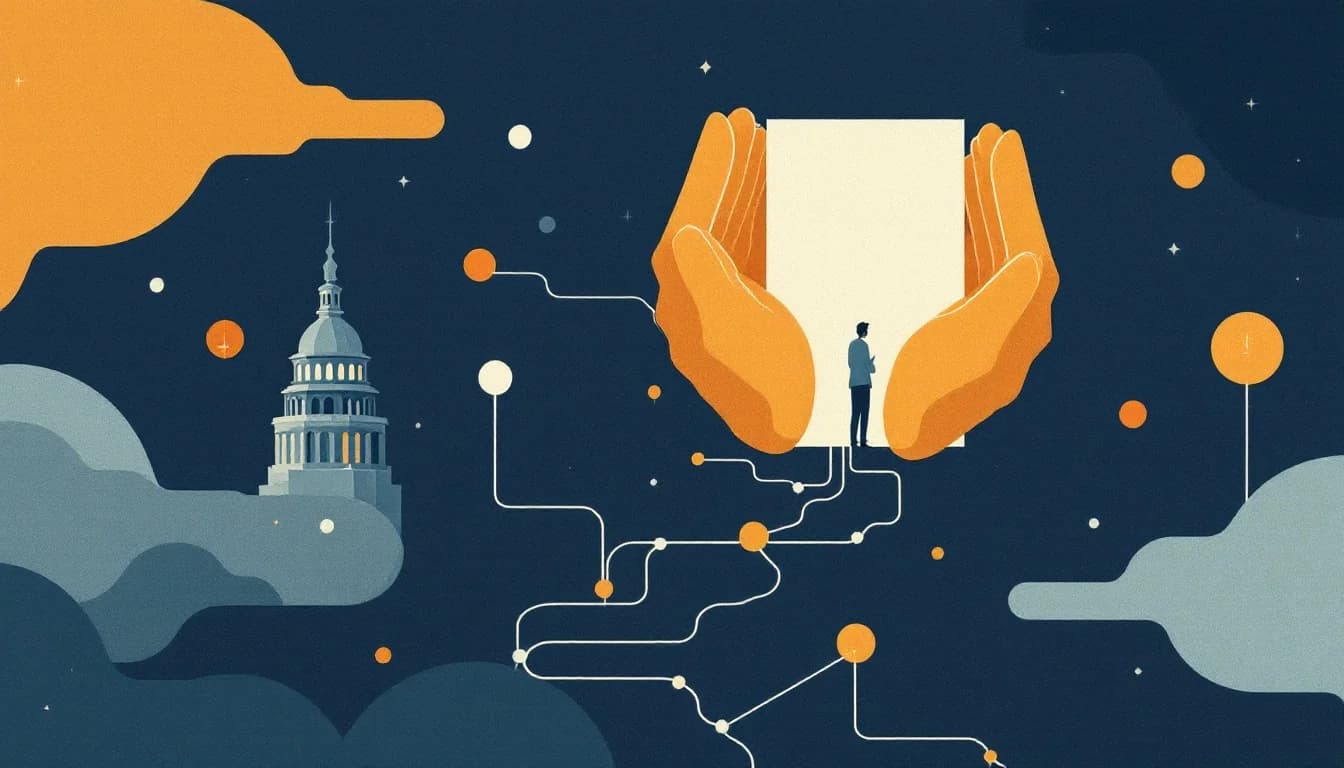Editorial illustration of interconnected community support network with healthcare workers, families, and prevention resources, warm professional style