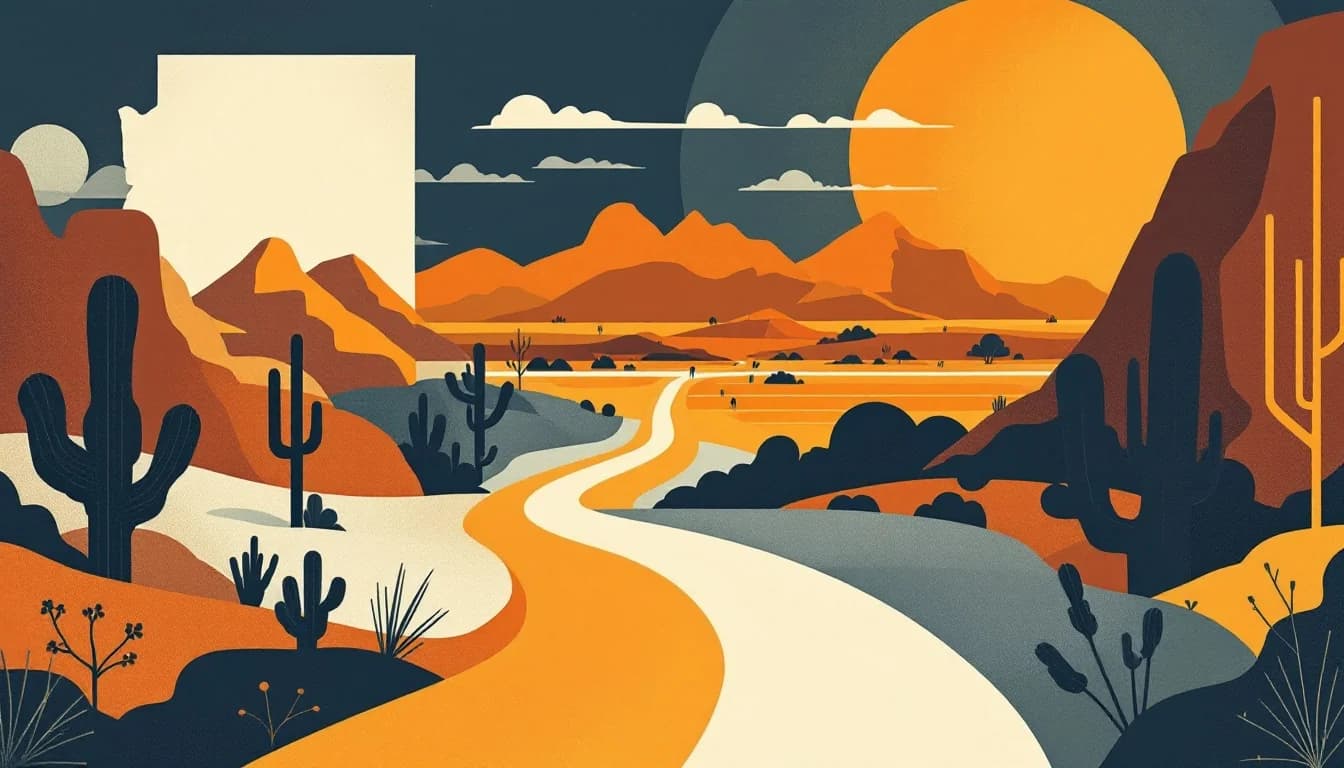 Arizona state outline with rural landscape and reentry pathway symbolism