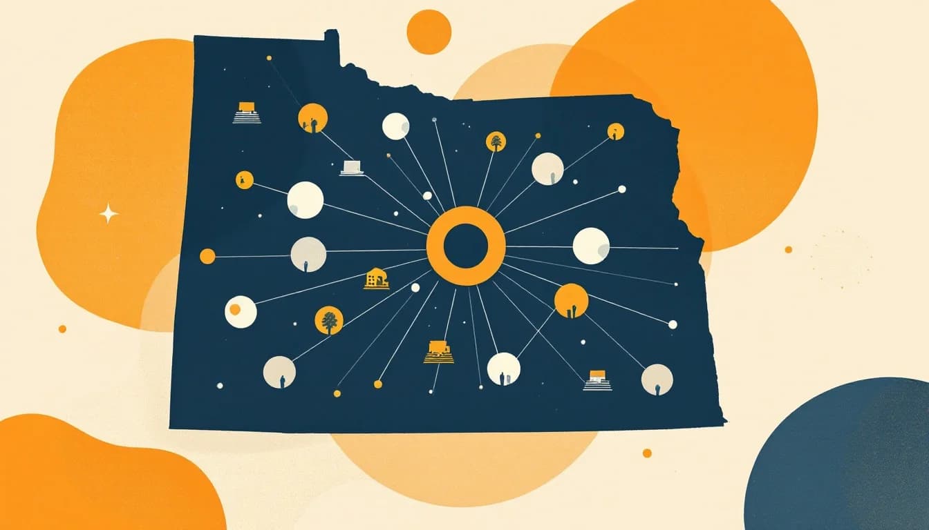 Editorial illustration of a state map with connected community resource network and funding flow