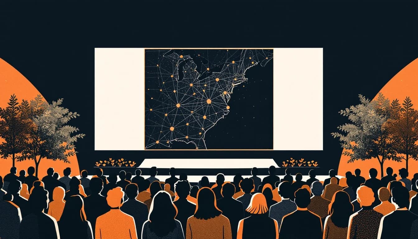 Maryland state outline with community network and funding flow imagery