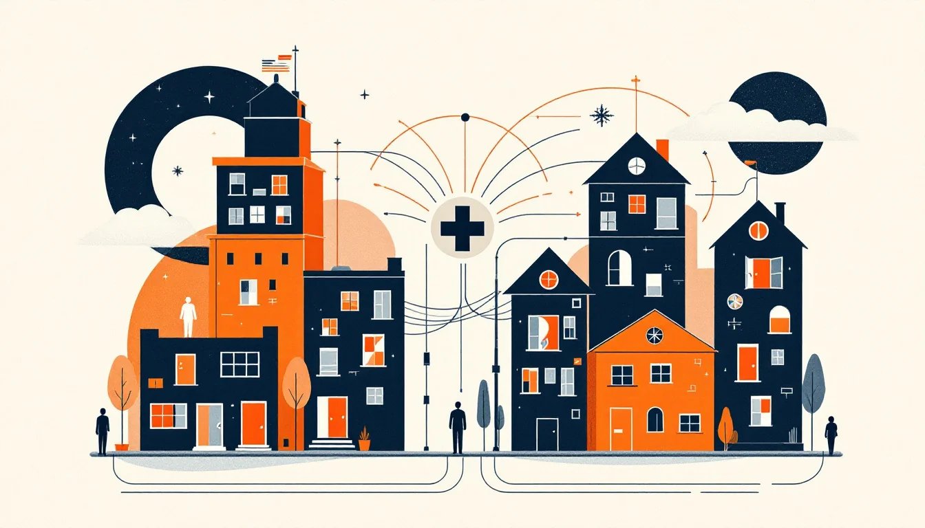 Editorial illustration of a coordination hub routing resources out to neighborhood clinic buildings