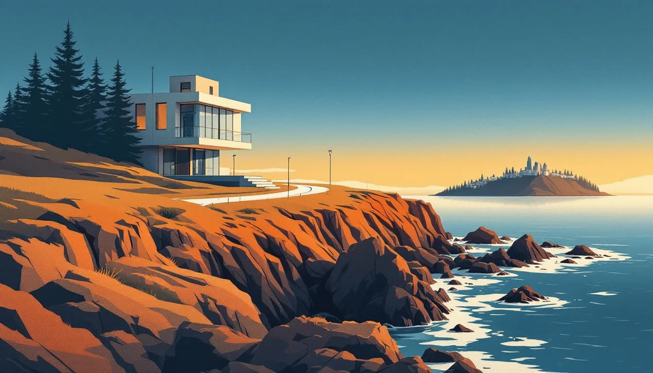Illustration of a small coastal treatment clinic building on the Oregon coast with a highway leading to it