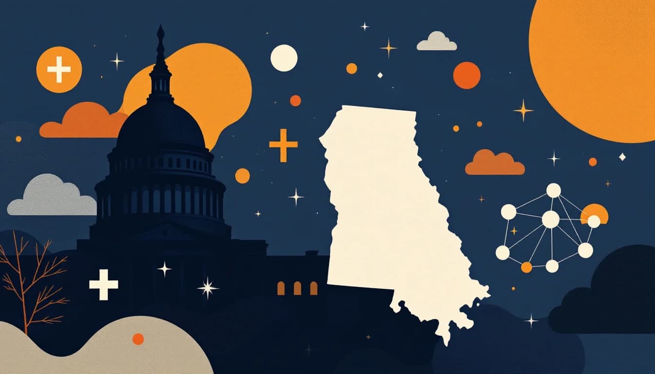 Illustration of a state capitol building silhouette with legislative documents, a state outline and a public health cross linked by a network of lines