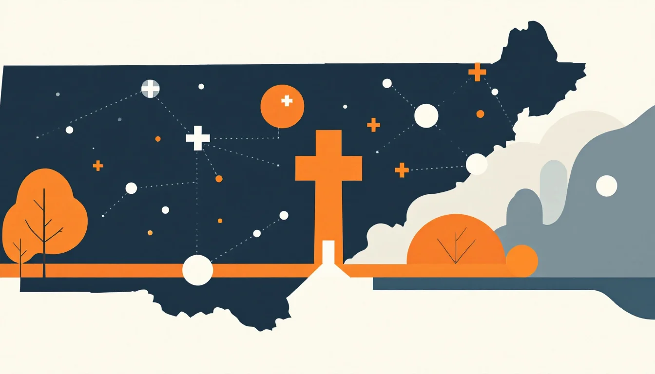 Editorial illustration of a state outline with a healthcare cross, an open gateway silhouette and a network of connected care nodes