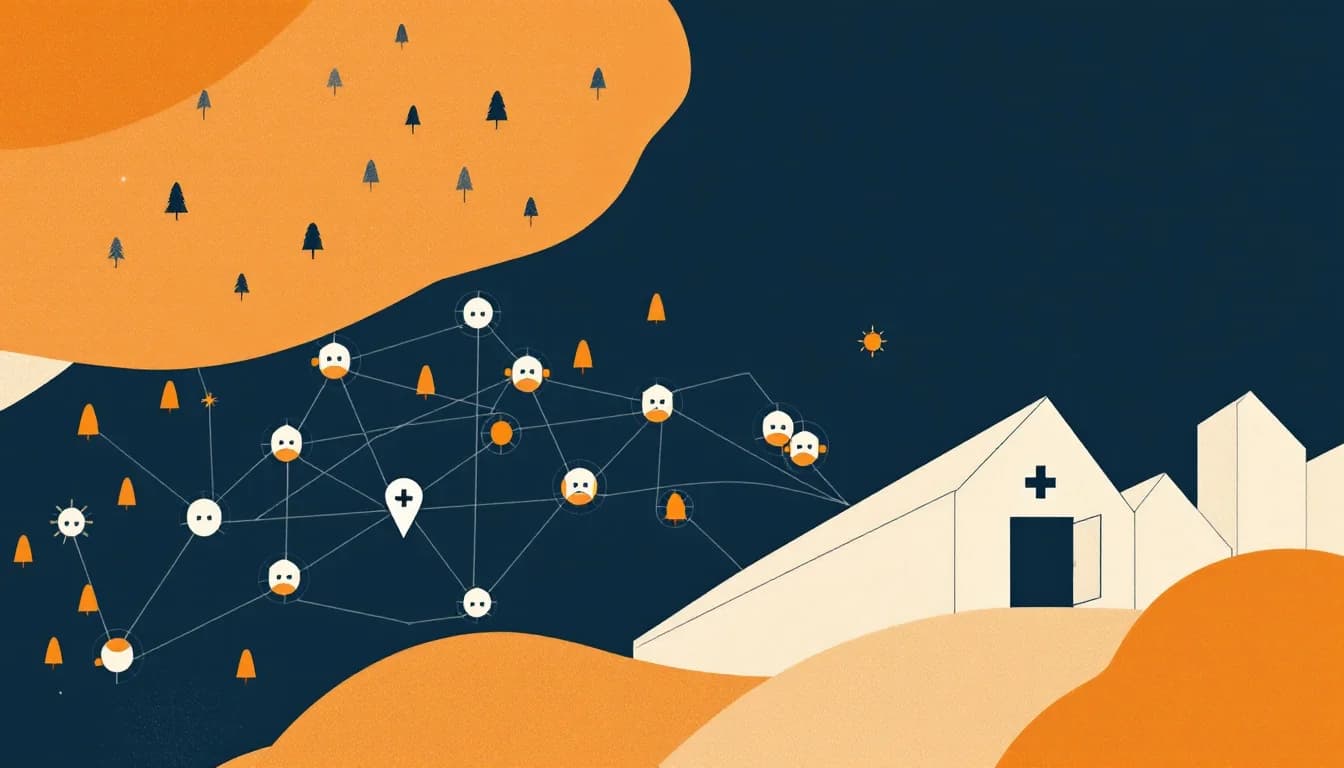 Editorial illustration of a state outline with a healthcare cross, connected public health network nodes and a resource-flow pattern