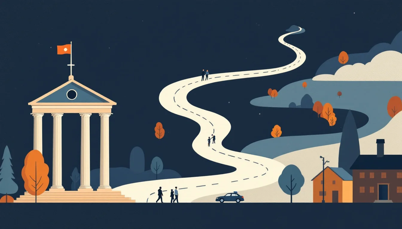 Editorial illustration of municipal buildings and settlement funding flowing toward public health and enforcement programs