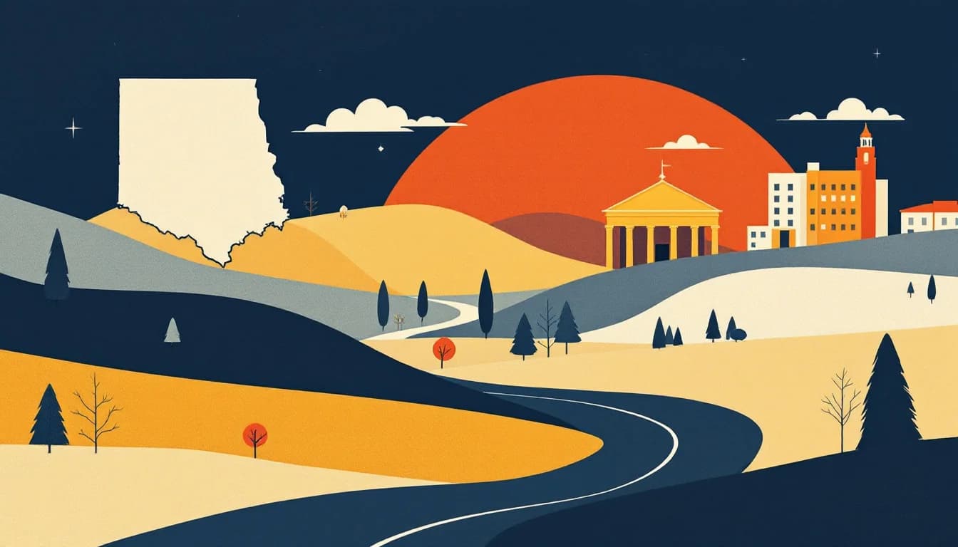 Editorial illustration of a state outlined on a map, a settlement funding stream dividing toward three destinations, and a community building with an open door