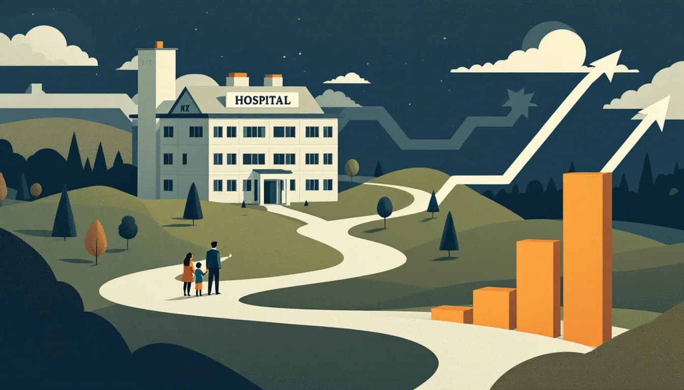 Editorial illustration of a three-story hospital building on a green campus, a winding road leading toward it, a state funding stream and a bed-capacity bar chart