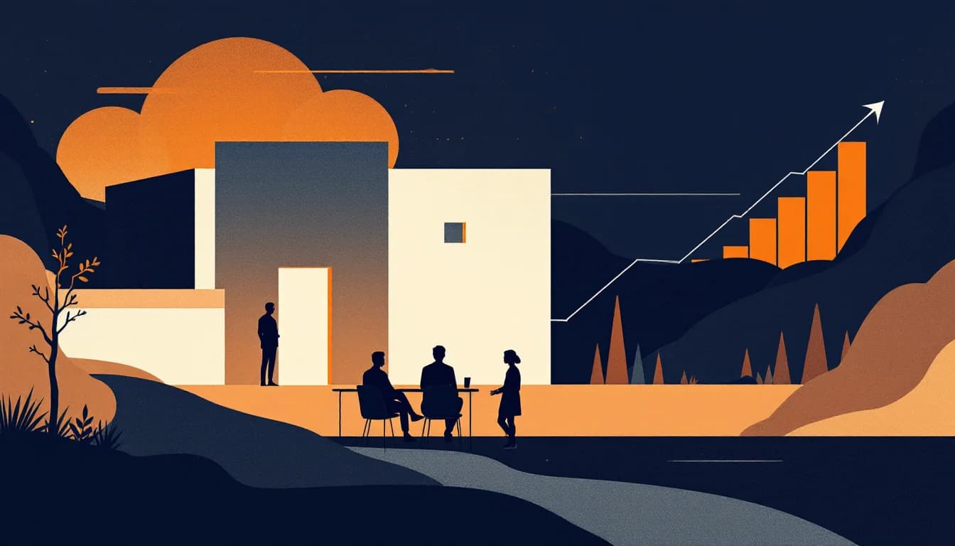 Editorial illustration of a secure institutional building on a campus, a figures-free treatment room with abstract clinical shapes, a family connection line, and a declining data bar chart